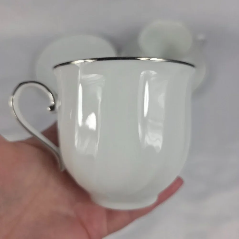 TWO (2) Mikasa Wedding Band Platinum Cup & Saucer Sets White Swirl Platinum Trim